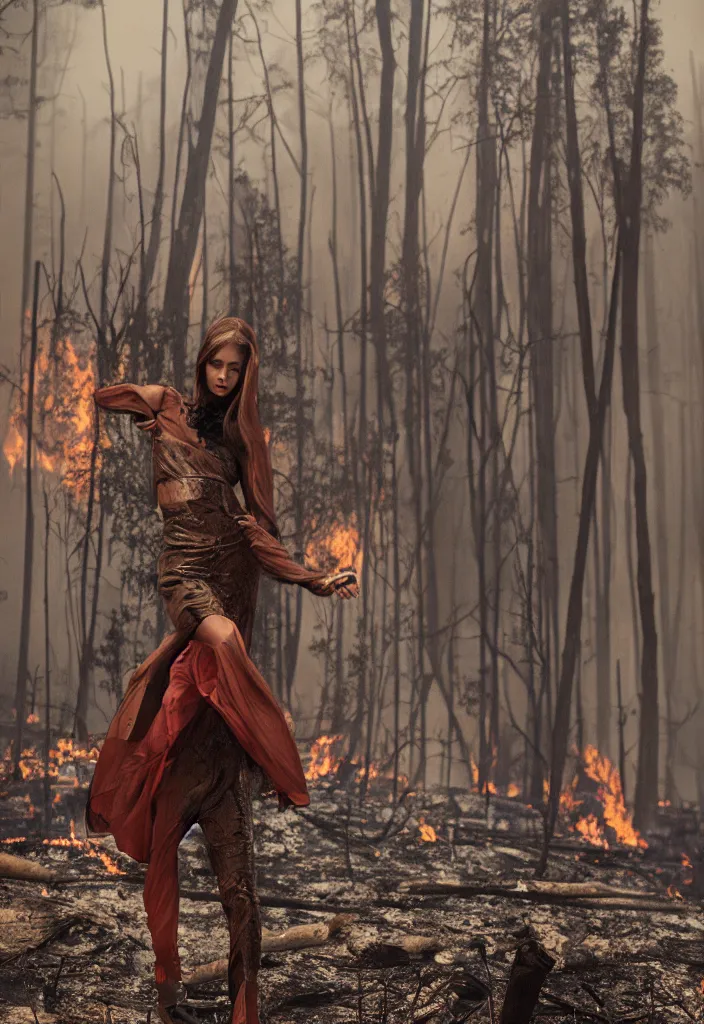 Image similar to fashion editorial in forest fire burning.