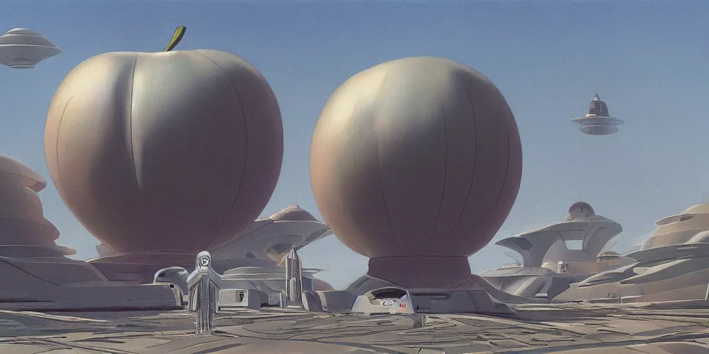 Image similar to a giant apple spaceship by aaron horkry and ralph mcquarrie