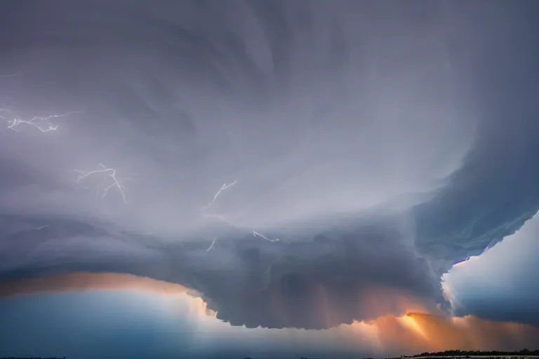 Image similar to a photo of a supercell thunderstorm, serene environment, illuminated from various angles by the setting sun, cinematic