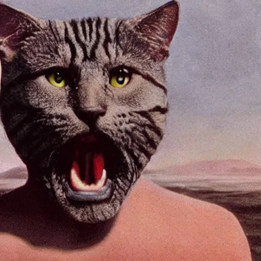 Prompt: the floating head of zardoz, but a cat, floating over a wasteland