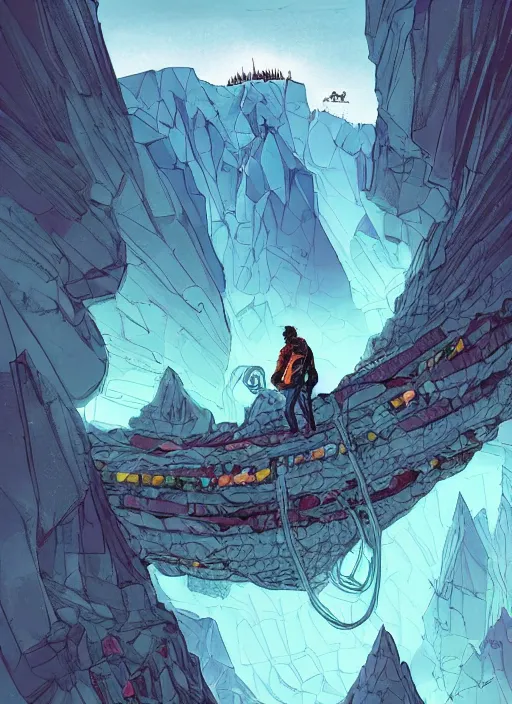 Prompt: comic book art of a [ man ] in trenchcoat in armour crossing a [ ropebridge ] above a [ crevasse ] [ mountain in the background ] crystals, gemstones, a [ glowing temple ] extends into the sky, low angle, artstation illustration, elegant, arcane by tim doyle