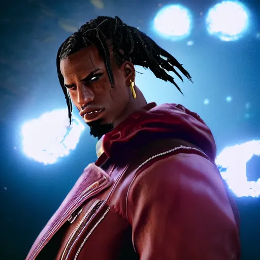 Image similar to a videogame still of Travis Scott in Tekken 7, portrait, 40mm lens, shallow depth of field, close up, split lighting, cinematic