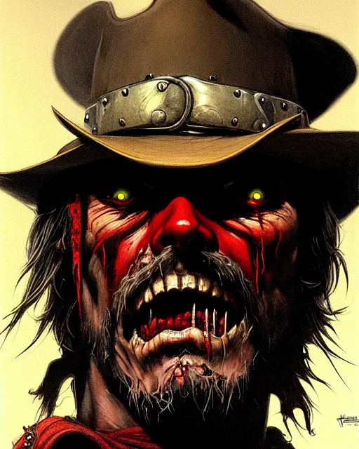 Image similar to mccree from overwatch, evil, crazed look in his eyes, character portrait, portrait, close up, concept art, intricate details, highly detailed, horror poster, horror, vintage horror art, realistic, terrifying, in the style of michael whelan, beksinski, and gustave dore