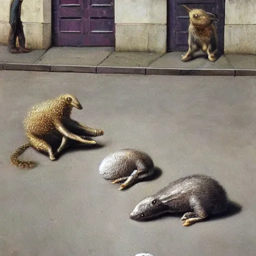 Image similar to by emma geary, by michael sowa. a beautiful street art of a group of creatures that looks like a mix of different animals. most of the creatures have human - like features, such as arms & legs, & some are standing upright while others are crawling or flying.