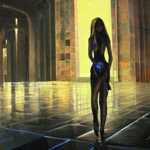 Prompt: scene, moment, beautiful woman, courtyard, capital, cybermosque interior, control panel, watcher, omniscient, tech noir, wet reflections, impressionism, matte painting, speed painting, chiaroscuro, oil on canvas