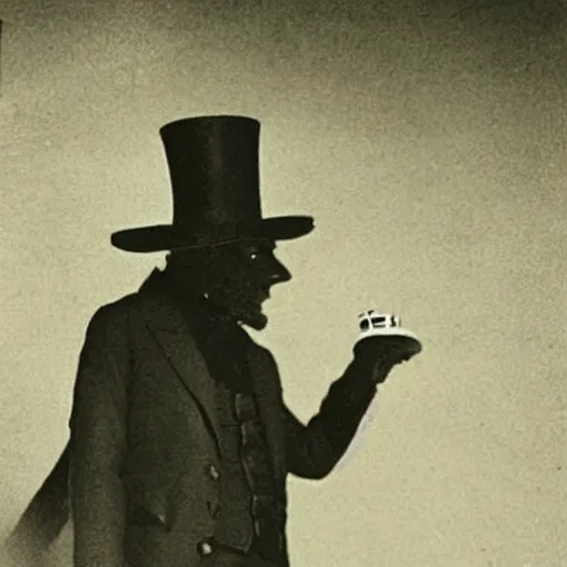 Prompt: a old timey photo of godzilla wearing a top hat, old, old timey, vintage