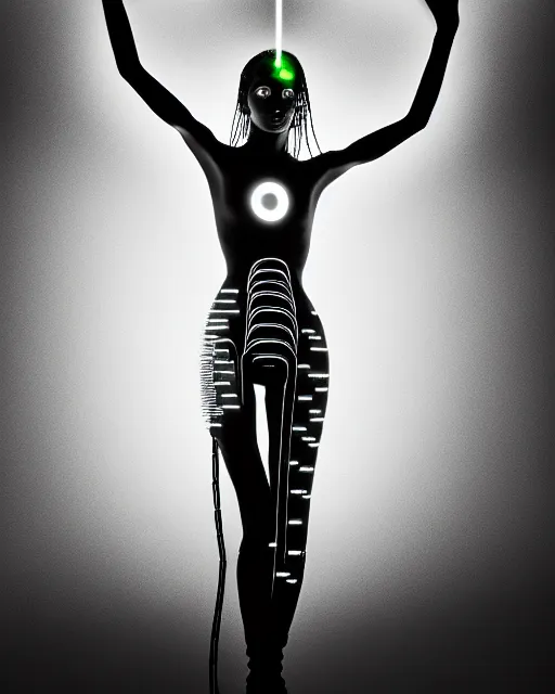 Image similar to black and white artistic photo, young female cyborg - plant goddess, microchip, artificial intelligence, bio - mechanical bio - luminescence, black wired cables, cinematic, rim light, photo - realistic, 8 k, in the style of steven meisel and dora maar and h. g. giger