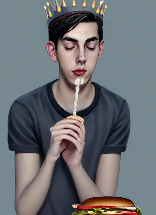 Image similar to portrait of teenage jughead jones wearing a light grey crown, crown, eating hamburger, eyes closed, crown, black hair, intricate, elegant, glowing lights, warm lighting, highly detailed, digital painting, artstation, concept art, smooth, sharp focus, illustration, art by wlop, mars ravelo and greg rutkowski