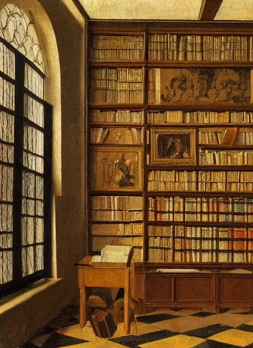 Prompt: bookshelves and drawing materials, paints, brushes, medieval painting by jan van eyck, johannes vermeer, florence