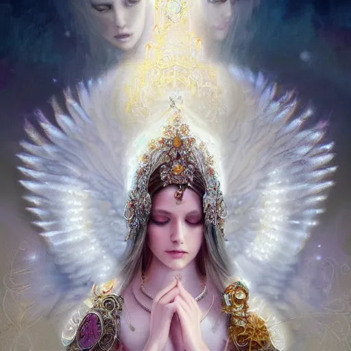 Image similar to A beautiful digital painting of a female Seraphim full of jewels, princess, the moon behind her, intricate, cinematic lighting, highly detailed, digital painting, Artstation, concept art, smooth, sharp focus, illustration, art by Tom Bagshaw, Artgerm and Greg Rutkowski