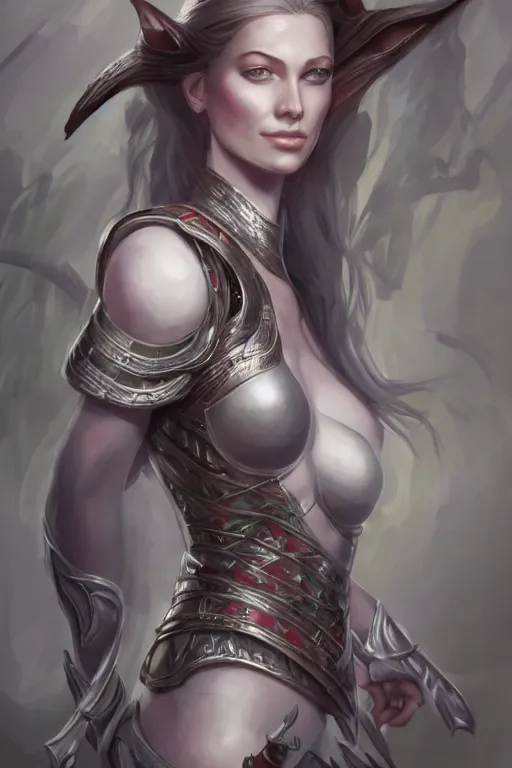 Image similar to three-quarters portrait pose of a beautiful woman, slim body, shining armor, elf warrior, fantasy, intricate, elegant, highly detailed, digital painting, artstation, concept art, matte, sharp focus,D&D, illustration, art by Artgerm and Peter Andrew Jones