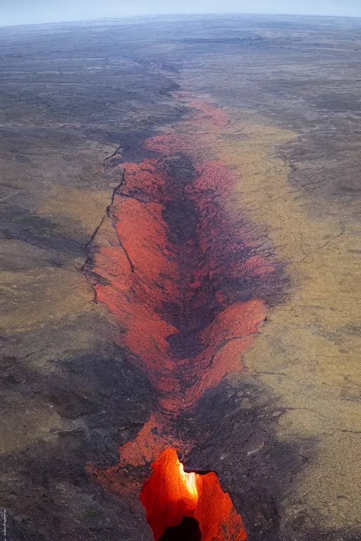 Prompt: looking down into a fissure in the earth, we see a fiery portal to another dimension, realistic, cinematic, dark colors, bright light