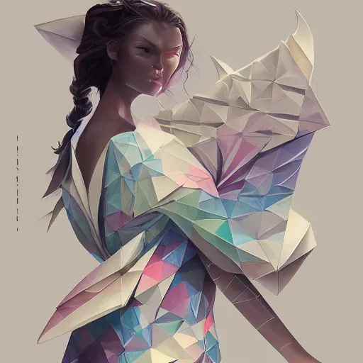 Prompt: 3 / 4 view of a beautiful girl wearing an origami dress, eye - level medium shot, elegant, givenchy, by peter mohrbacher, centered, fresh colors, origami, fashion, detailed illustration, vogue, high depth of field, japanese, reallusion character creator