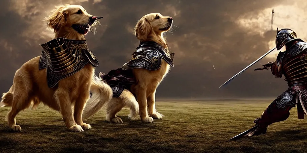 Prompt: golden retriever in medieval armor with wings and sword fighting against samurai cat in japanese samurai armor with catana, photorealistic ultra detail quality shot from james cameron movie