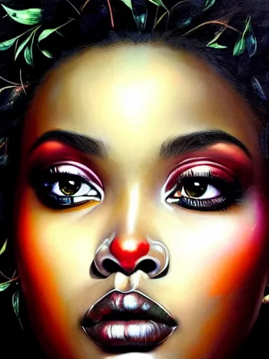 Image similar to portrait of a gorgeous black woman with a floral background : : painted by artgerm, karol bak, artur bordalo, sandra chevrier : : portrait, character, illustration, hyperrealism, photorealism