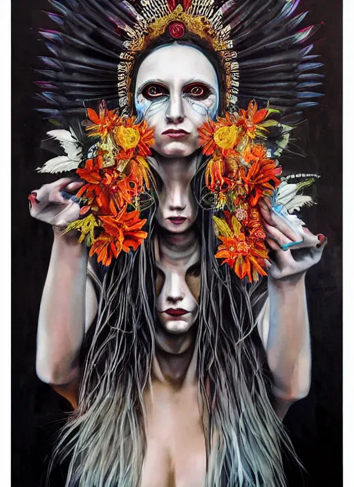 Image similar to tripping cult magic psychic woman, subjective consciousness psychedelic, epic occult ritual symbolism story iconic, dark witch headdress, oil painting, robe, symmetrical face, greek dark myth, by Sandra Chevrier, masterpiece