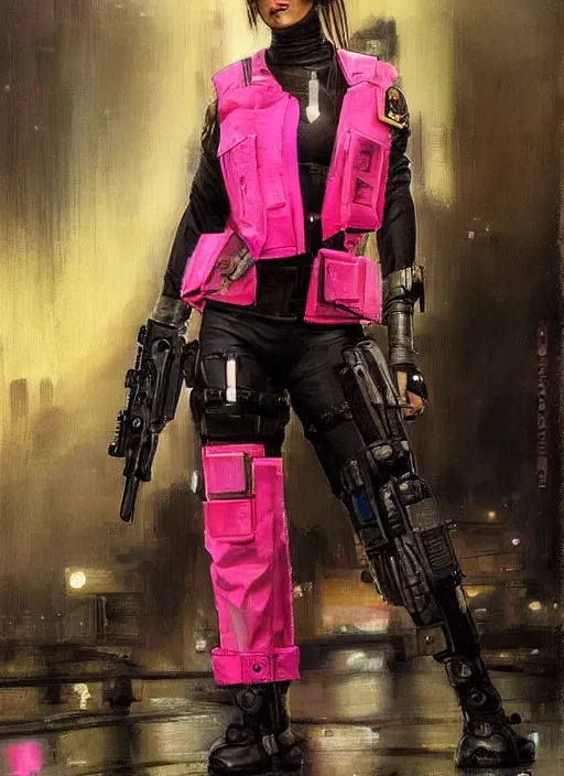 Image similar to Nikki tanaka. beautiful cyberpunk female USN marine wearing a military vest and a black and pink tactical jumpsuit (cyberpunk 2077, bladerunner 2049). gorgeous face. Iranian orientalist portrait by john william waterhouse and Edwin Longsden Long and Theodore Ralli and Nasreddine Dinet, oil on canvas. Cinematic, hyper realism, realistic proportions, dramatic lighting, high detail 4k