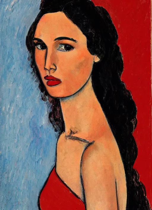 Image similar to portrait of Gal Gadot in red dress by Modigliani