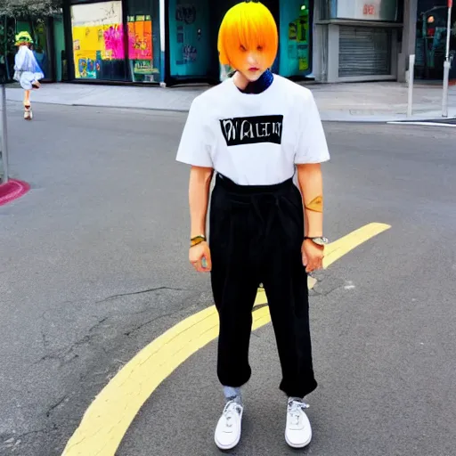 Image similar to colorful walter white harajuku outfit