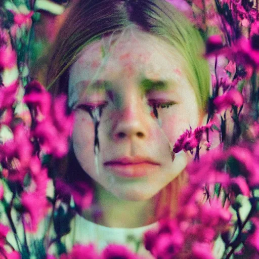 Image similar to oversaturated, burned, light leak, expired film, photo of a girl crying surrounded by flowers