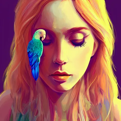 Image similar to portrait of a young blonde alternative instagram girl with a parrot, upper body, long hair, intricate, highly detailed, digital painting, artstation, concept art, matte, sharp focus, illustration