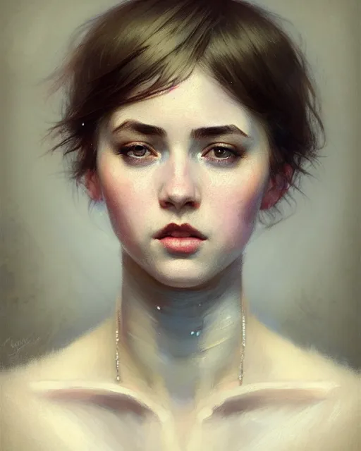 Image similar to young woman with short hair, beautiful girl, close up portrait, moonlight, highkey, realistic, serov, surikov, vasnetsov, repin, kramskoi, paint texture, uplight, insanely detailed, charlie bowater, tom bagshaw, octane rendered, unreal engine, illustration, trending on artstation, masterpiece