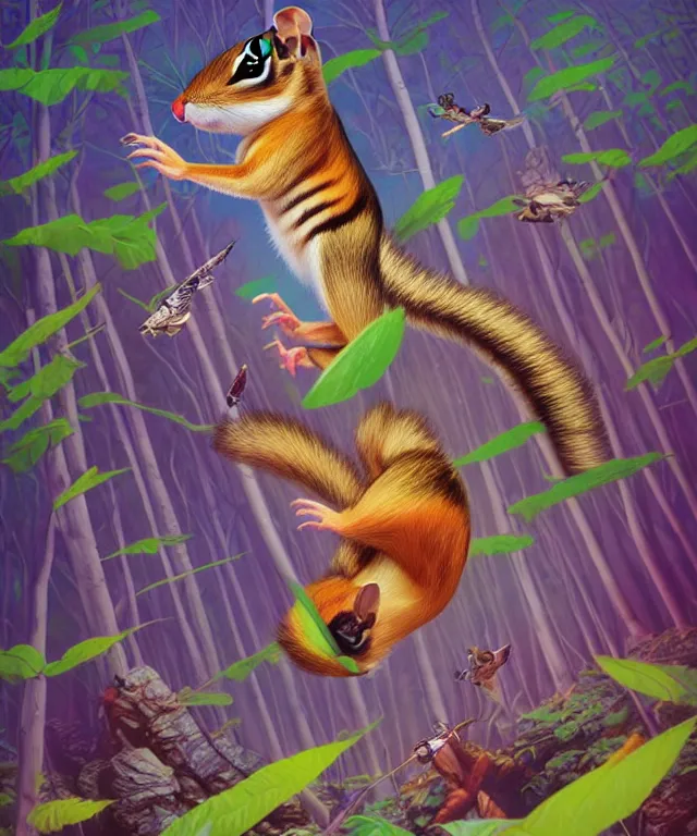 Image similar to a single realistic chipmunk, flying in a psychedelic forest, wide angle landscape shot, pixar style by tristan eaton, artgerm and tom bagshaw