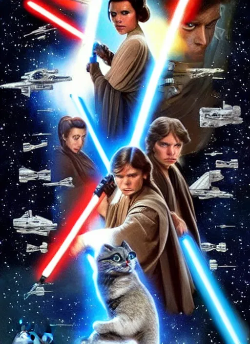Image similar to star wars movie poster but with cats