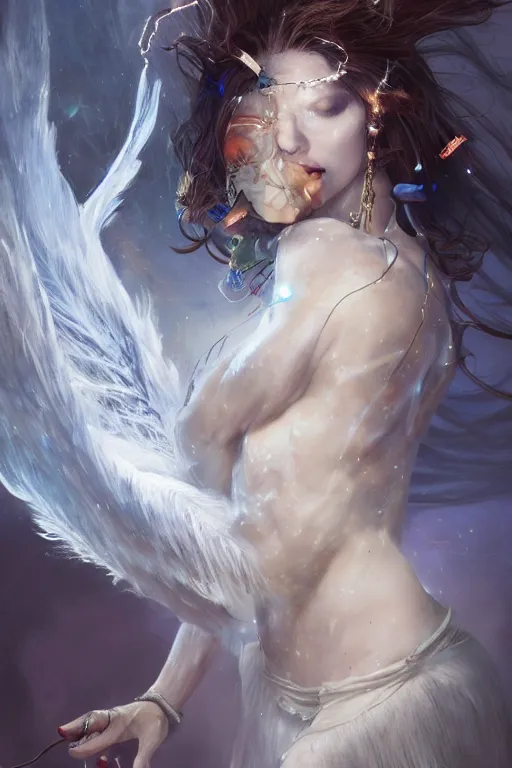 Prompt: torso closeup model wearing crystal white feather, sorcerer wearing robe,, diamonds, angel, fantasy, dramatic lighting, highly detailed, digital painting, holding electricity, magic the gathering, hyper detailed, 3 d render, hyper realistic detailed portrait, peter mohrbacher, wlop, ruan jia