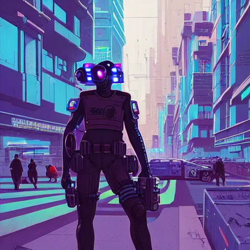 Image similar to A cyberpunk policemen cyborg on the street of a cyberpunk city art by Josan Gonzalez, sci-fi, highly detailed, digital painting, artstation, smooth, sharp focus, illustration, concept art by Josan Gonzalez and James Gurney and Mœbius