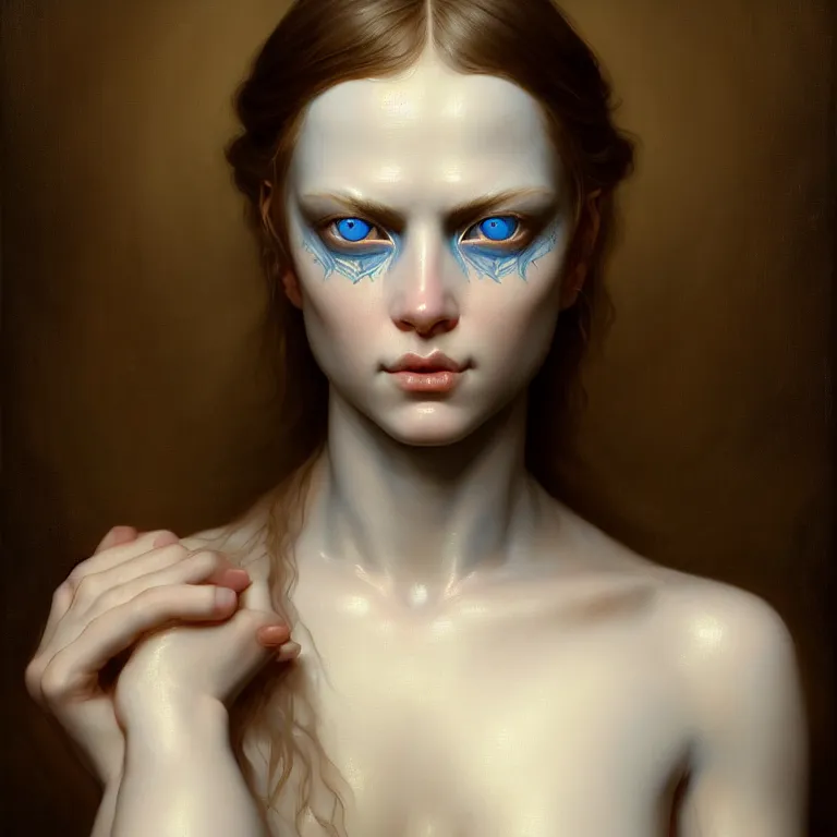 Image similar to epic professional symmetrical digital art of sweet realistic blue eyes, translucent skin, accent lighting, painted, intricate, detailed, cheery, fun, effervescent, by roberto ferri, epic, stunning, gorgeous, much wow, much detail, cinematic, masterpiece, unreal engine render