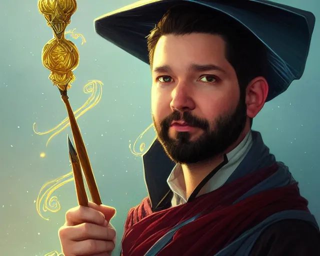 Prompt: a portrait of alexis ohanian as a wizard, wizard hat, handsome, deep focus, d & d, fantasy, intricate, elegant, highly detailed, digital painting, artstation, concept art, matte, sharp, illustration, hearthstone, art by artgerm and greg rutkowski and alphonse mucha