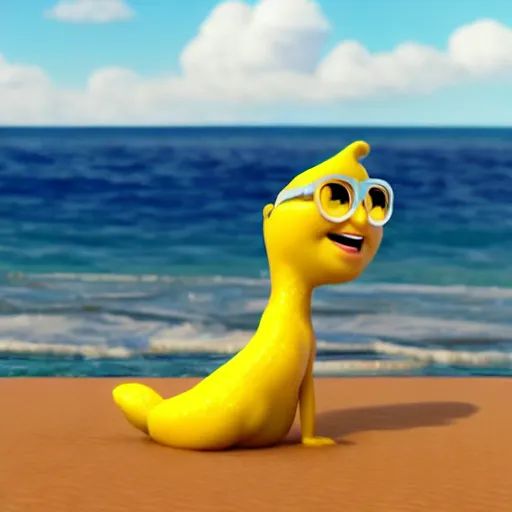 Prompt: 3D Render, Disney Pixar Movie Still, lemon character relaxing on a beach wearing sunglasses