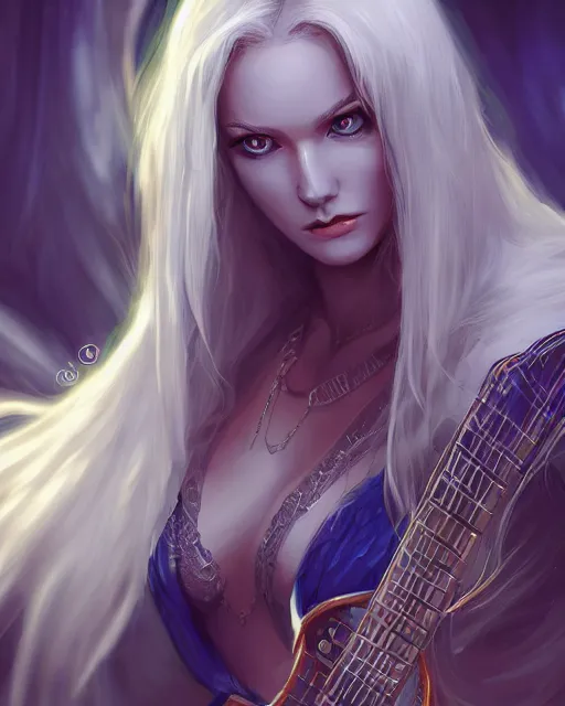 Image similar to A mysterious girl with hooded cobalt-blue eyes and silky white hair, guitar shape build, her wardrobe is attractive, fantasy art, in the style of Fernando Juarez, illustration, epic art, fantasy, intricate, elgant, amazing detail, digital painting, artstation, concept art, smooth, sharp focus