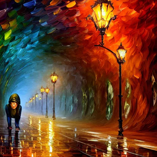 Image similar to squirrel hill tunnel monster, fantasy, intricate, elegant, highly detailed, digital painting, artstation, concept art, smooth, sharp focus, illustration, art by leonid afremov