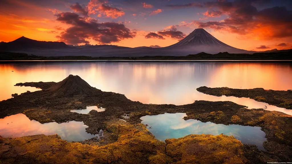 Image similar to amazing landscape photo of a volcano with lake in sunset by marc adamus, beautiful dramatic lighting