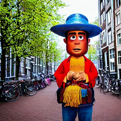 Image similar to mexican man wearing a sombrero looking confused in amsterdam, pixar