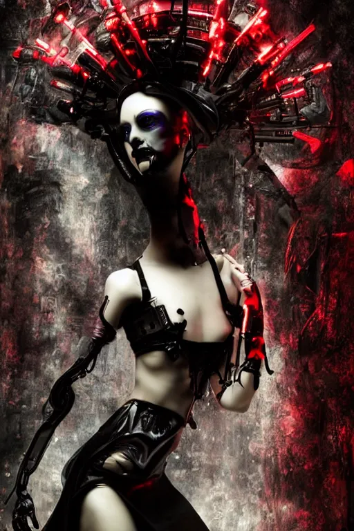 Image similar to full-body cyberpunk style sculpture of a young beautiful dark priestess, half android with a head opening exposing circuitry, glowing red eyes, black roses, flowing blood-red colored silk, fabric, candles, baroque elements, human skull, full-length view. baroque element, intricate artwork by Caravaggio. crows flying in background. Trending on artstation. cinematic lighting from the right, hyper-realism, octane render, 8k, depth of field, 3D