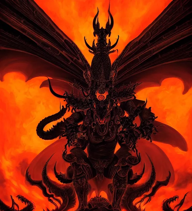 Prompt: a symmetrical matte portrait of the black dragon god with glowing orange eyes, vast wings and twisting horns addressing a crowd of bowing hooded devotees. cinematic atmospheric lighting, dark, atmospheric, brooding, painted, intricate, ultradetailed. by dave dorman, well composed, best on artstation, cgsociety, epic, stunning, gorgeous, intricate details, wow, masterpiece