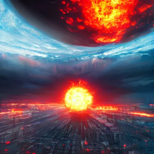Prompt: a black glowing sphere in the center of the sky surrounded by swirling firestorm clouds, a detailed wide cityscape on fire, wide perspective, highly detailed digital art, cinematic, hyper realism, oil on canvas, trending on Artstation, octane render