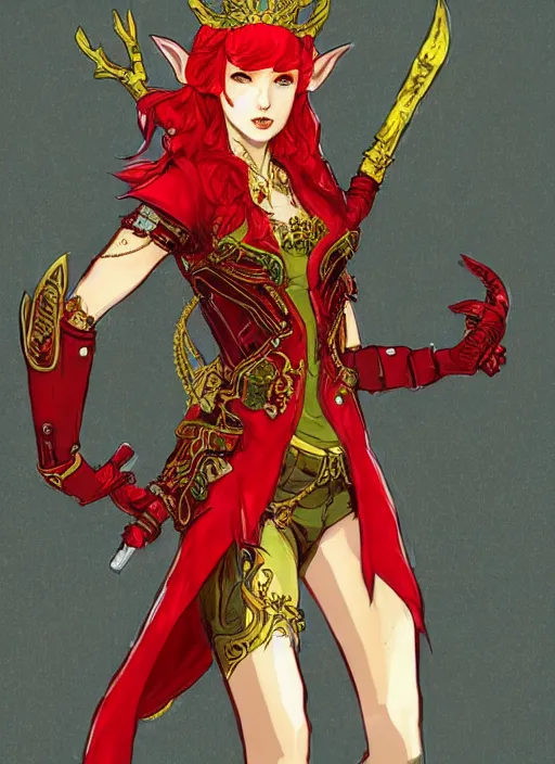 Image similar to Full body portrait of a handsome young red haired elven princess warrior wearing red, green and gold ornate leather jacket, golden tiara and an axe. In style of Yoji Shinkawa and Hyung-tae Kim, trending on ArtStation, dark fantasy, great composition, concept art, highly detailed.