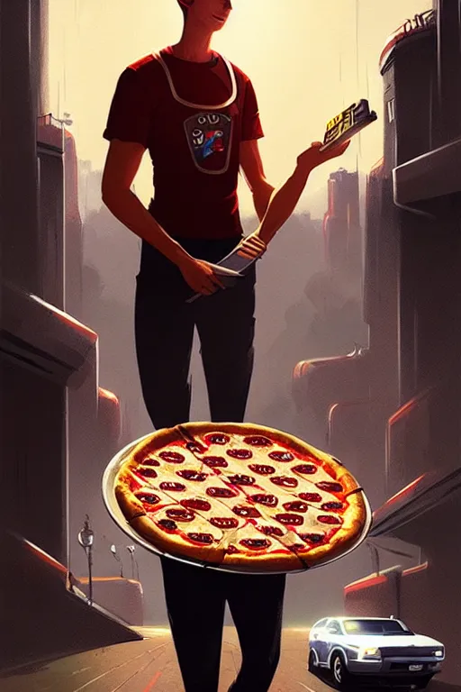 Prompt: greg rutkowski travel poster futuristic pizza delivery boy