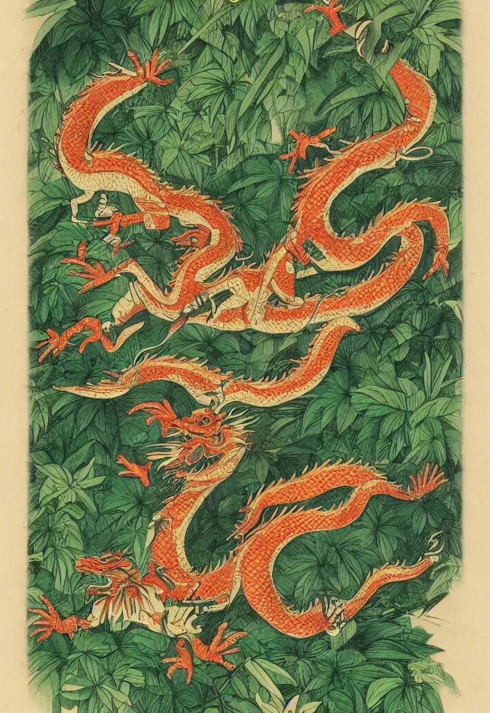 Image similar to vintage chinese dragon in a tropical forest, john james audubon, intaglio, 8 k resolution