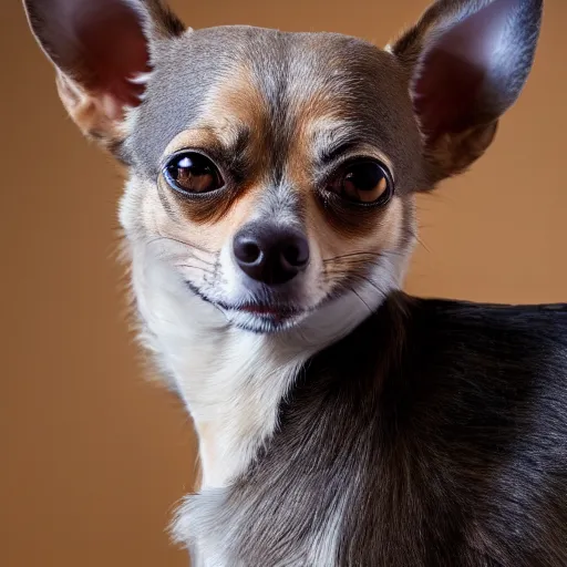 Prompt: studio photo of a hybrid chihuahua with cat head and cat face, 4k