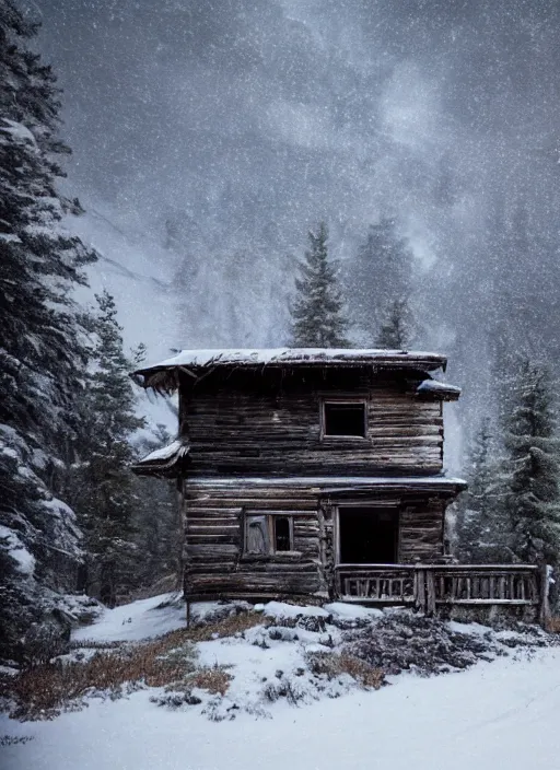 Image similar to an abandoned cabin on the top of a snowy mountain, new moon, greg rutkowski, 8 k, shallow depth of field, intricate detail, concept art,