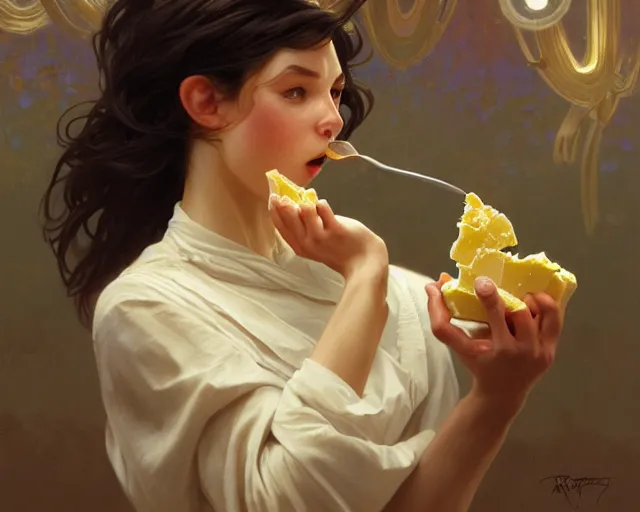 Prompt: photography of goofy eating butter, deep focus, intricate, elegant, highly detailed, digital painting, artstation, concept art, matte, sharp focus, illustration, art by artgerm and greg rutkowski and alphonse mucha