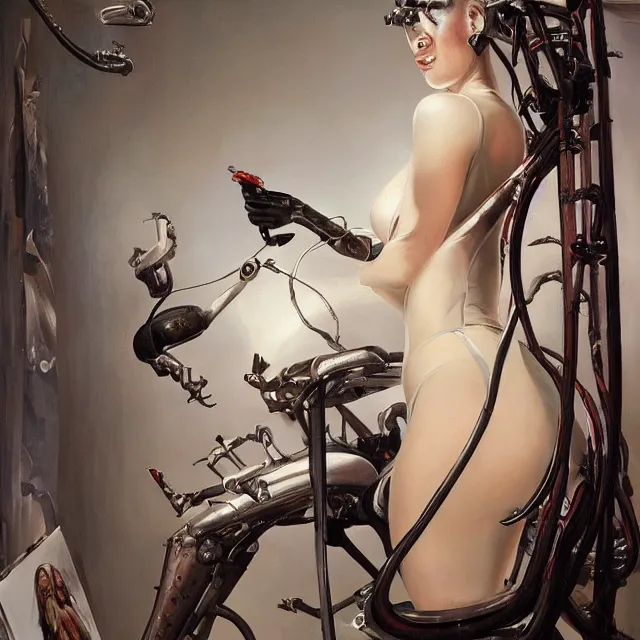 Image similar to biomechanoid artist painting a self - portrait on a canvas. intricate, highly detailed, digital matte painting in the style of gil elvgren and in the style of h. r. giger. irony, recursion, inspiration.