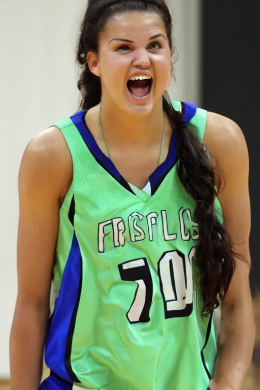 Image similar to character photo. female basketball player in light green sleeveless dress, gleefully telling a bs story full of lies. danielle campbell. facial expression of manic obsessive love. black hair in ponytail. bright blue eyes. built like basketball player