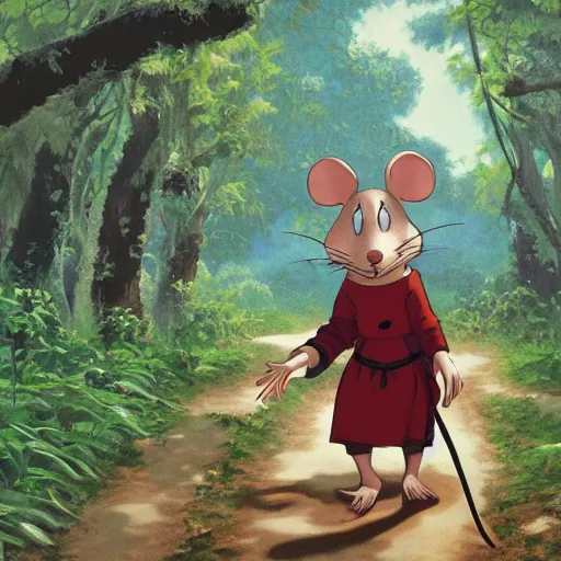 Prompt: an anthropomorphic mouse in medieval clothing walking through a lush forest, studio ghibli, Alex Ross