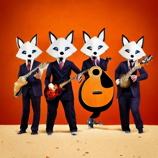 Image similar to photorealistic music album cover, with anthropomorphic foxes animals dressed in suits, holding guitars, on a beach, all looking at camera, studio lighting, award winning photograph, 8 5 mm f / 1. 4